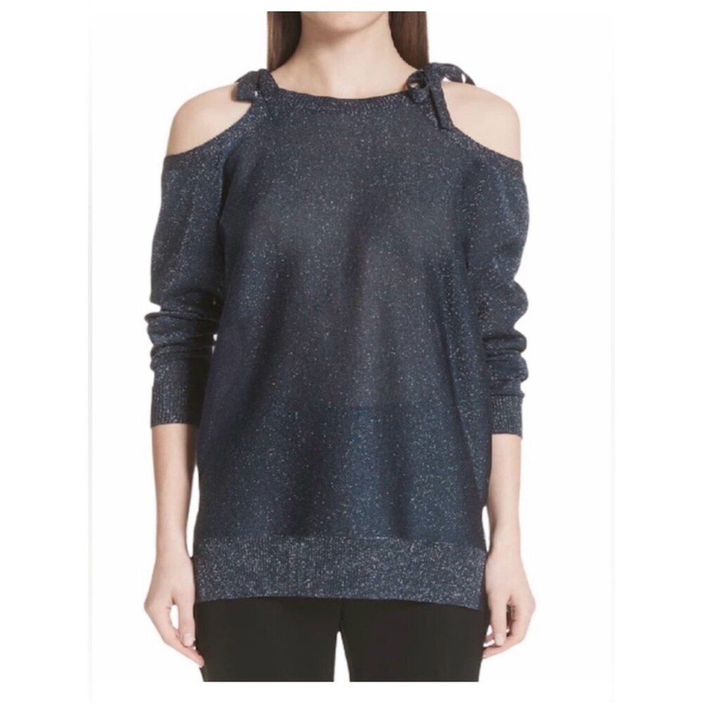St. John sheer Cold Shoulder Sparkling metallic lightweight Knit top blue. Sz S.